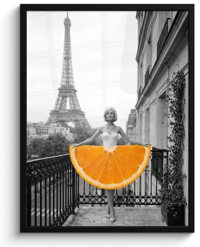 Poster in lijst - Fotolijst 60x80 cm - Posters - Sinaasappel - Eiffeltoren - Vrouw - Posterlijst zwart - Decoratie - Wanddecoratie woonkamer - Muurdecoratie slaapkamer