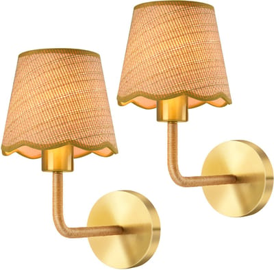 Rosnek Set van 2 Rotan Wandlampen - Hennep Touw - Inclusief 9W E27 LED Lampen (3 Kleuren) - Boho Landelijke Wandverlichting Slaapkamer