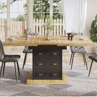 MODFU Uitschuifbare Eettafel - Met Opbergruimte - Klassieke Stijl - Voor Keuken - MDF En Metaal - Houtlook - 110-140 X 80 X 75 Cm