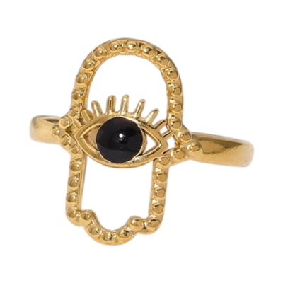 Aramat Jewels | Ringen | Open Ring RVS Hamsa Hand en Oog met Emaille (18 mm) | Zwart | |18mm | Staal | Volwassenen | Verkleurd niet