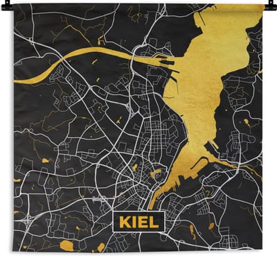 Wandkleed - Wanddoek - Kiel - Plattegrond - Stadskaart - Kaart - Goud - Duitsland - 180x180 cm - Wandtapijt
