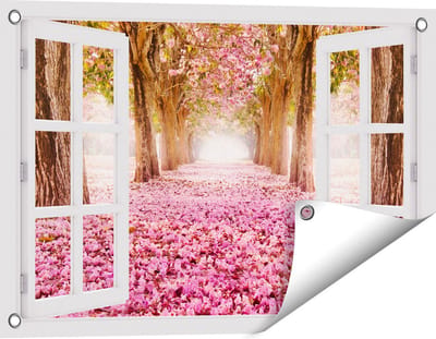 Gards Tuinposter Doorkijk Romantische Bomen Tunnel met Roze Anjers - 60x40 cm - Tuindoek - Tuindecoratie - Wanddecoratie buiten - Tuinschilderij