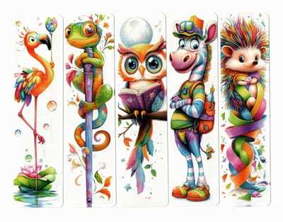 Viwado® 5 Stuks Artistieke Dieren Bladwijzers | Dubbelzijdige Luxe Papieren Boekmarkeringen | Flamingo, Kameleon, Uil, Zebra & Egel | Leuke Cadeauset voor Boekenliefhebbers