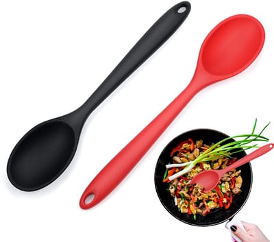 siliconen lepel, 2 stuks kooklepels, silicone, hittebestendig, lange handgreep, keukenlepel, keuken, bakken, roeren, gereedschap, BPA-vrij, voor kookgerei, roerschep, opscheplepel (26,7