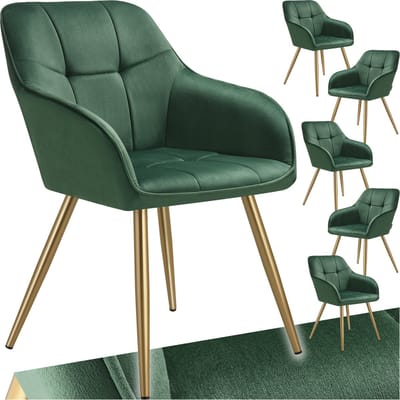 tectake® Eetkamerstoelen Marilyn - Set van 6 - Gestoffeerde Stoel in Fluweellook - Gecaptioneerd - Zwarte Stoelpoten - Ergonomische Keukenstoel - Doorlopende Rugleuning en Armleuningen - Stoel voor Woonkamer, Eetkamer, Slaapkamer - Groen