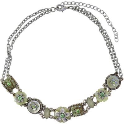 Behave – Groene Choker – Schelpbloemen – Glaskristal – Romantisch – Nikkelvrij - 31,5 cm + 7 cm verlengketting