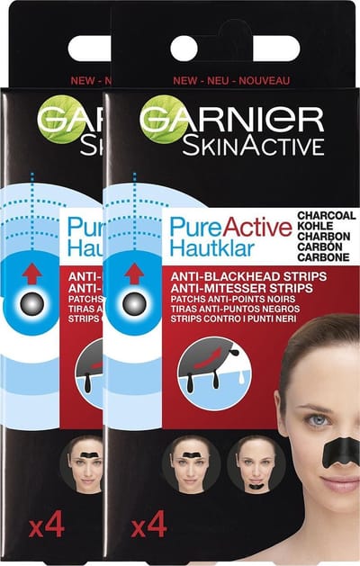 Garnier Pure Active Charcoal Anti Mee-Eters strip - Exfoliërende Strips voor Neus, Voorhoofd en Kin - 2x4 Stuks