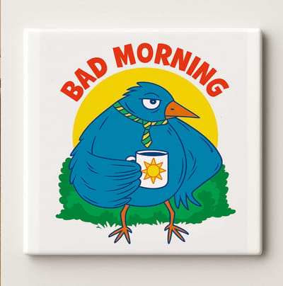 Bad Morning Keramische Tegel 15x15 cm – Grappige Koffievogel Ontwerp – Humoristische Wanddecoratie voor Huis, Kantoor & Koffieliefhebbers