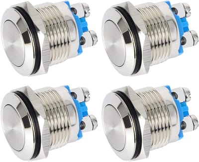 4x 16mm Waterdichte Drukschakelaar met Vergrendeling - RVS Metalen Drukknop Schakelaar (Platte Kop)