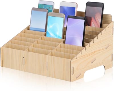 Mobiele telefoon opbergdoos van hout met meerdere vakken en 30 grids voor optimale organisatie