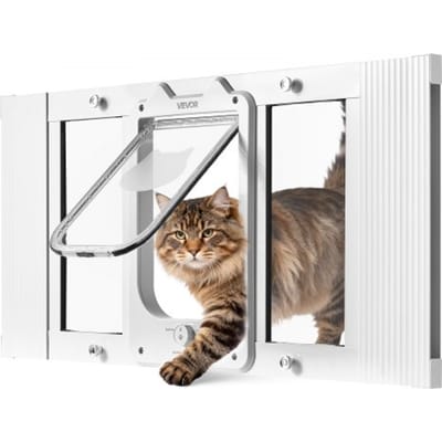 VEVOR Kattenluik/kattendeur, verstelbaar voor raambreedtes (686-813 mm), weerbestendig huisdierluik met 4 veilige vergrendelingsstanden, aluminium frame, helder glas en magnetische sluiting, wit