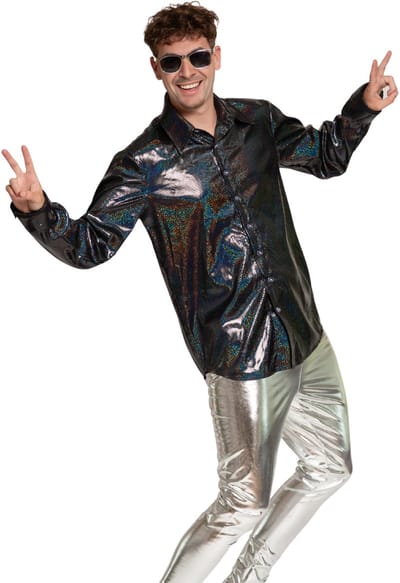 Partychimp Shiny Disco Shirt Zwart voor Heren Carnavalskleding Foute Party Verkleedkleding Volwassenen Heren Toppers 2026- Disco- Shiny- Polyester - L