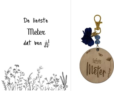 Sleutelhanger en kaartje liefste Meter | blauw | bloemen | jij bent de liefste | liefste meter | moolste peter | cadeau