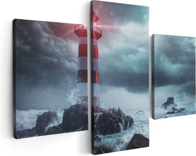 Artaza Canvas Schilderij Drieluik Vuurtoren tijdens een Storm - 90x60 cm - Wanddecoratie Woonkamer - Schilderijen - Muurdecoratie