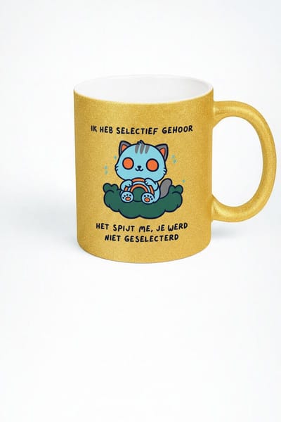 Grappige Gouden Mok met Kat en Tekst 'Ik heb selectief gehoor