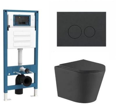 QeramiQ Dely Toiletset - inbouwreservoir Qeramiq Flush - slim zitting - kunststof mat antraciete bedieningsplaat - ronde knoppen - mat zwart