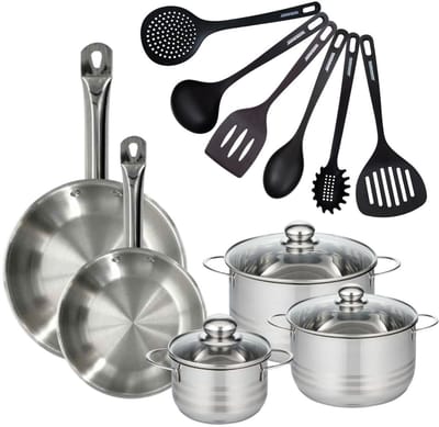 Set 2 pannen 24 28 cm roestvrij staal, 3 roestvrijstalen kookpotten 16, 20 en 24 cm en 6 RPET keukengerei Fackelmann Eterna