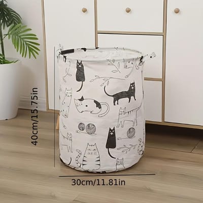 1 Panier à Linge Rond Pliable Motif Chat de Dessin Animé - Panier de Rangement Ouvert Portable Grande Capacité, Convient pour Salle de Bain, Balcon Medium 30*40