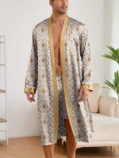 ochtendjas badjas bruin goud pyjama satijn heren nachtkleding goedkoop huispak comfort mannen glans elastisch lange mouwen korte broek