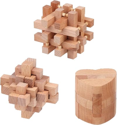 Houten Hoofdbrekers - 3D Puzzel Set - Logisch Denken - IQ Test Spel - 69 x 69 cm - Bruin