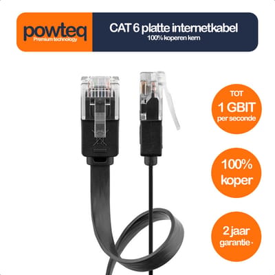 Powteq - Platte internetkabel - 50 cm - 1 Gbit - 100% koperen kern - Zwart - Internetkabel voor achter de plint/onder het laminaat
