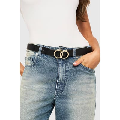 boohoo Dames Double Gold Ring Detail Boyfriend-riem | Zwart