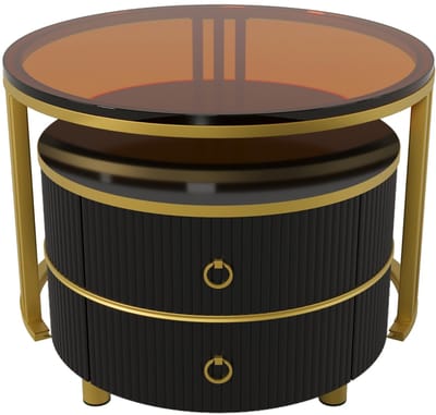 Ronde salontafel set van 2 - Met 2 lades en opbergruimte - Hoogglans zwart en bruin gehard glas - Woonkamer - 70x70cm en 50x50cm