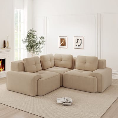 DESMIU Hoekbank 177 x 104 x 69 cm - Modulaire 3-Zits Met Diepe Zitting En Antislip - Voor Woonkamer En Kantoor - Cordstof Beige