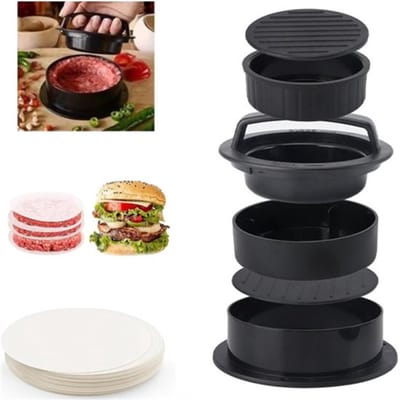 QTTVBTNA - 3-in-1 Hamburgerpers - BPA-vrij - Met 100 Bakpapiertjes - Hamburger Patty Maker - Barbecue Accessoires - Zwart - 1 Set