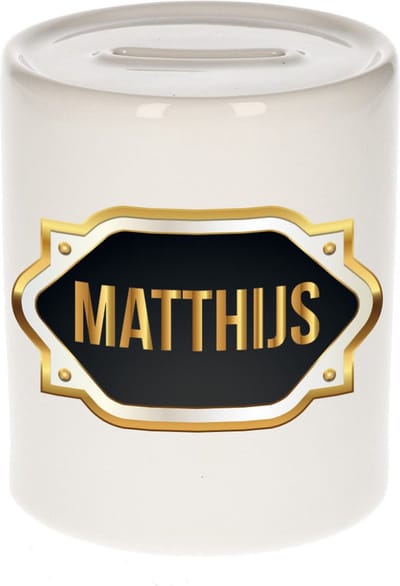 Spaarpot met voornaam Matthijs - wit - met goud/zwart embleem - 8 x 9 cm - keramiek - met afsluitdop - cadeau verjaardag
