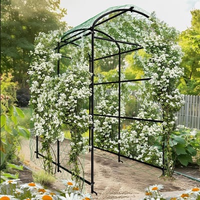 Hoge tuinboog trellis voor klimplanten, metalen plantondersteuning voor buiten, ideale boog voor groenten en komkommer met gaas groot