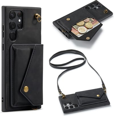 Casemania Hoesje Geschikt voor Samsung Galaxy S22 Ultra - Charcoal Gray - Luxe Backcover met Koord en Magnetische Sluiting - Portemonnee Wallet Case met Pasjeshouder en Opbergvak - Lanyard Telefoonhoes - Cord Case