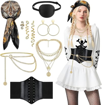Carnaval Piratenkostuum voor Vrouwen - 7-delige Set met Hoofddoek, Sieraden en Accessoires voor Feest en Verkleedpartijen