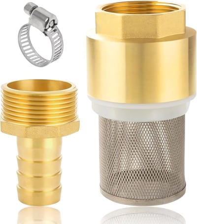 Koper terugslagklep 1 1/4 inch met aanzuigfilter set, voetklep, aanzuigmand, slangkoppeling en slangklem voor optimale waterafvoer en filtratie