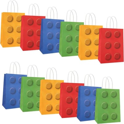 12 Stuks Papieren Bouwblok Tassen met Handvat 21 x 15 x 8 cm - Cadeautassen voor Kinderfeestjes, Verjaardagsdecoratie en Creatief Speelgoed