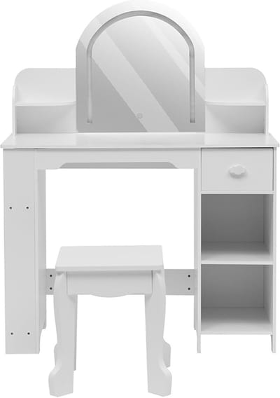 kinderkaptafel-2-in-1 kinderkaptafel met 3-kleurige LED-spiegel en krukje, make-uptafel met lade, boekenplank en opbergplanken voor meisjes van 3 tot 9 jaar
