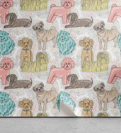 ABAKUHAUS Honden Aftrekbaar & Plakbehang voor thuis, Kleine Rashondenpuppy's, Zelfklevende Keukenaccent in de Woonkamer, 33 cm x 90 cm, Meerkleurig