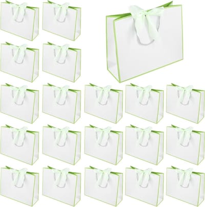 Geschenkzakjes met lint - Papieren feestzakken - Cadeaus presenteren - Stevige handgrepen - 32 x 25 x 11 cm - Witgroen