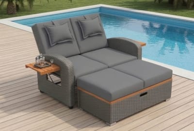 Zonneligbed 2-6 Personen 148 cm Liglengte – Sun Island Rotan Lounge met Opbergruimte, Voetenbank en Verstelbare Rugleuning – Weerbestendig Tuin Loungebed – Grijs – Bella
