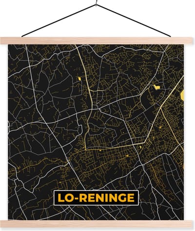 Posterhanger incl. Poster 40x40 cm - Schoolplaat - Stadskaart - Goud - Plattegrond - Lo-Reninge - Kaart - Textielposter - Blanke latten - Stadskaart