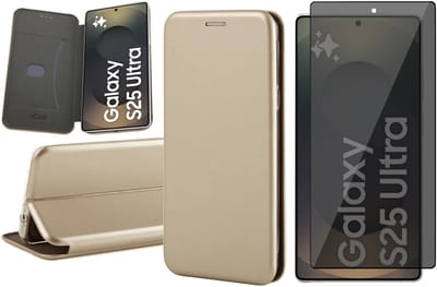 Hoesje geschikt voor Samsung Galaxy S25 Ultra - Privacy Screenprotector Volledig Dekkend Glas - Wallet Book Case Goud