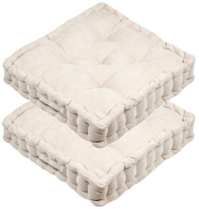 Stof Textile Vloerkussen Ribcord - 2x - lichtbeige - 45 x 45 x 10 cm - vierkant - Extra dik - extra zitplaatsen - spelen - gamen - relaxen