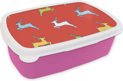 Broodtrommel Roze - Lunchbox - Brooddoos - Patroon - Hert - Rood - 18x12x6 cm - Kinderen - Meisje