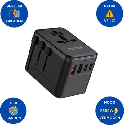 TRONS Reisstekker 180+ landen- Universele Wereldstekker - 2 TYPE-C & 2 USB-A - Reisadapter Wereld Amerika (USA), Engeland (UK), Australië, Zuid Amerika, Azië, Afrika, Italië, Thailand - Zwart - Supersnel Opladen & Extra Veilig