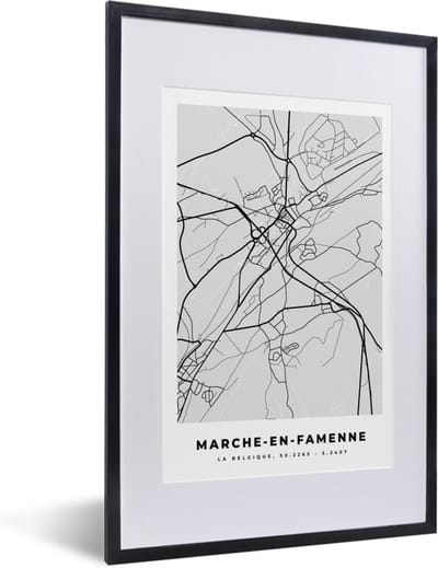 Fotolijst incl. Poster Zwart Wit- Stadskaart – Plattegrond – België – Zwart Wit – Marche en Famenne – Kaart - 40x60 cm - Posterlijst