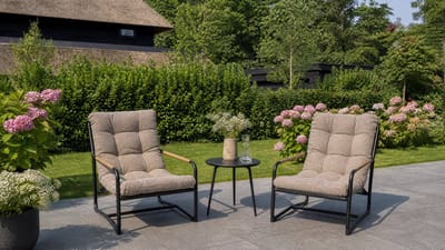 Vita - Como Loungestoelen - Met bijzettafel - textielene zitting - optimaal comfort - XL kussen olefin Bouclé bruin - aluminium onderstel - wood look armrest - Makkelijke montage - Duo Relax set
