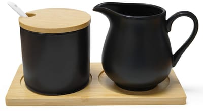 Melk en suiker-set, keramiek met deksel, melkkannetje en suikerpot op houten dienblad, stijlvolle koffie- en theeservies, magnetron- en vaatwasmachinebestendig (zwart)