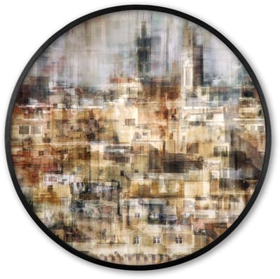 Poster in lijst Rond - Fotolijst 60x60 cm - Posters - Stad - Kunst - Huizen - Beige - Ronde posterlijst zwart - Decoratie - Wanddecoratie woonkamer - Muurdecoratie slaapkamer