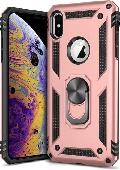 HB Hoesje Geschikt voor Apple iPhone XS Max - Anti-Shock Hybrid Armor Back Cover - Hoes met Kickstand Ring - Rosegoud