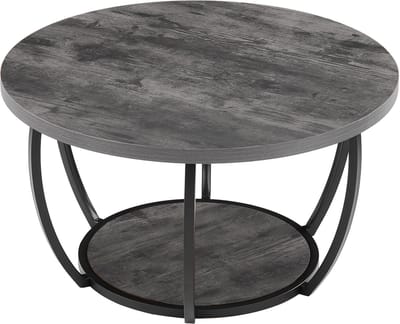 Ronde salontafel, modern ontwerp met twee open opbergvakken, houten blad en stevig metalen frame, minimalistisch middelpunt voor woonkamer of kantoor, eenvoudig te monteren, grijs